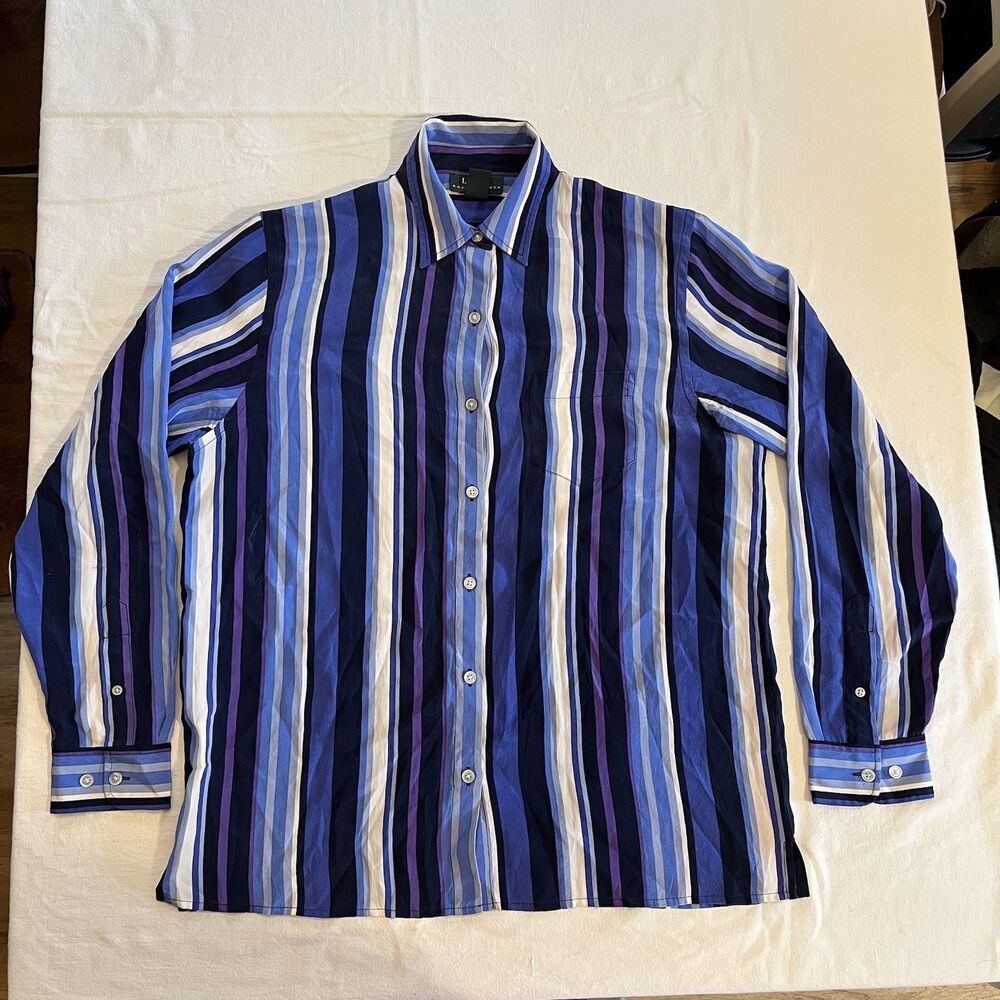 Vintage Lauren Ralph Lauren Shirt Women's Large Striped Silk Long Sleeve Casual